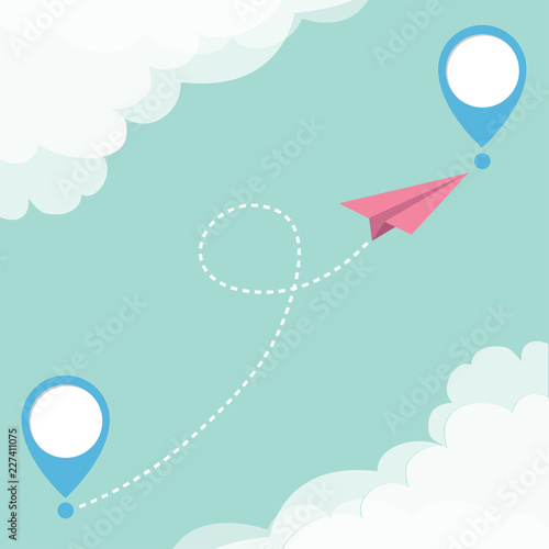 Flying origami paper plane and geolocation mark set. Dash line loop track. Placemark template. Tourist service. Holidays and vacations. On-line tracking. Flat design. Blue sky cloud background.