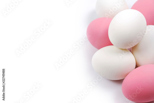 Colorful eggs on white background.