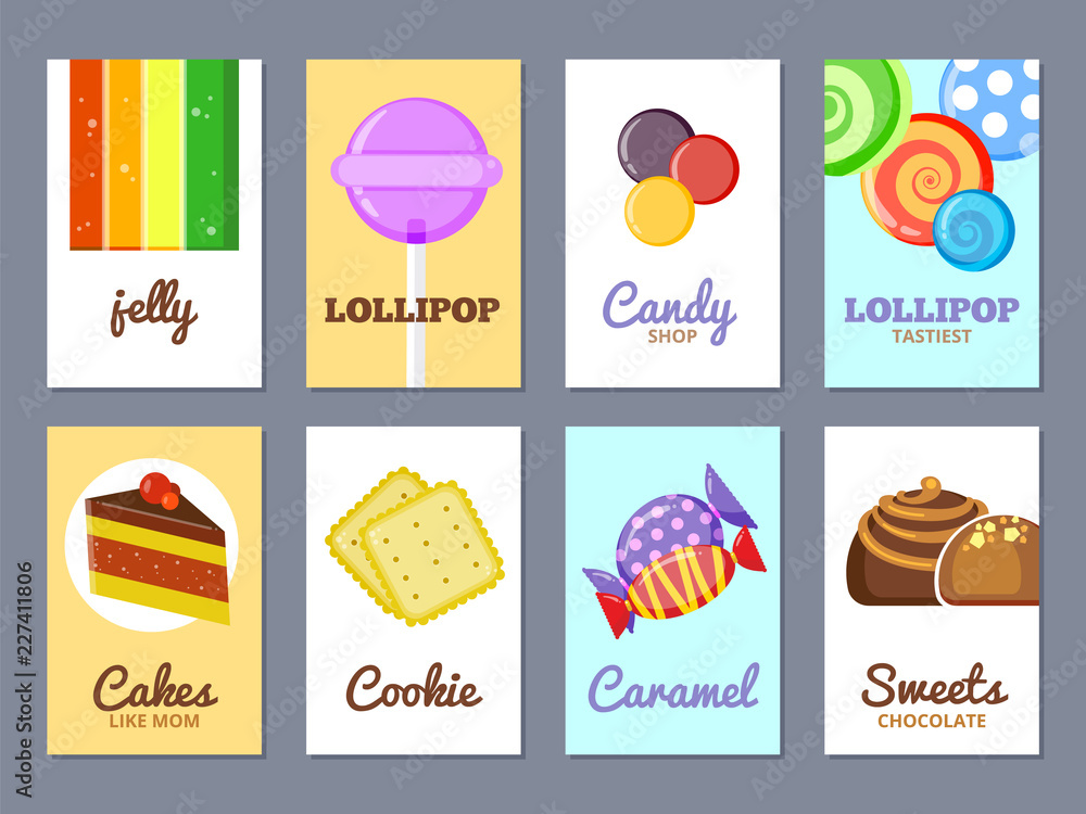 Sweets advertising cards. Jelly lollipop cakes and other sweets vector poster or labels for candy shop