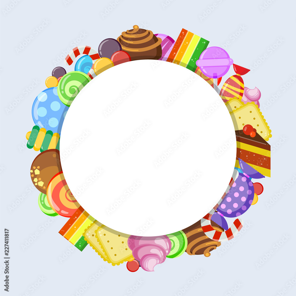 Sweets circle shape. Candies lollipop jelly and cakes in circle shape  vector advertising concept with sweets cartoon food Stock Vector | Adobe  Stock