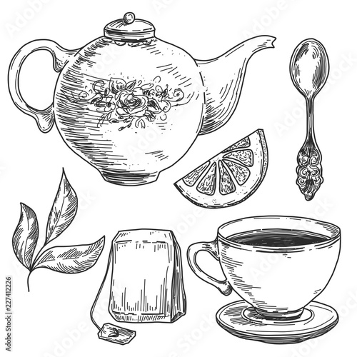 Hand drawn tea set, pot with cup, spoon, lemon and leaves. Vintage etching, pen and ink vector illustration isolated on white background.