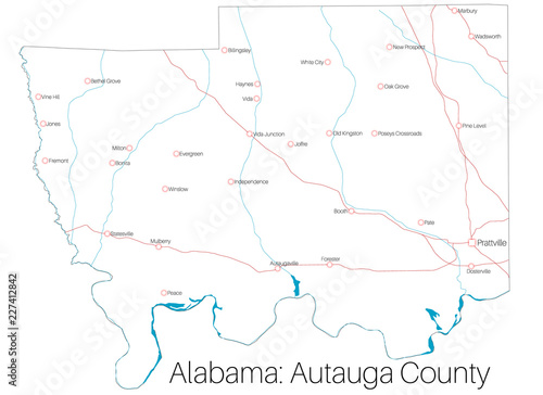 Detailed map of Autauga county in Alabama, USA