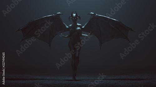 Leinwand Poster Sexy Winged Devil Woman in a foggy void 3d Illustration 3d render