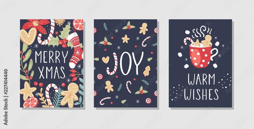 Φωτογραφία Set of Christmas and Happy New Year greeting cards with hand drawn decorative elements