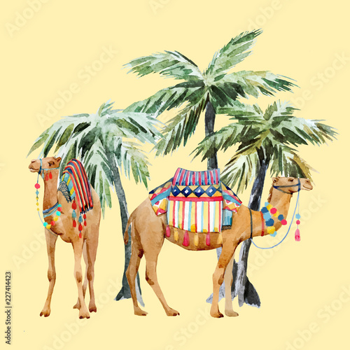 Watercolor camel and palm vector composition