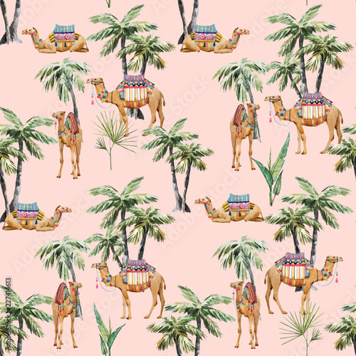 Watercolor camel and palm vector pattern © zenina