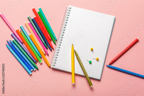 Colorful felt tip pens with blank notepad paper on pink pastel background