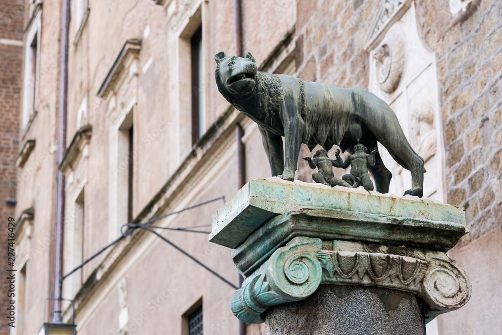 Statue of Capitoline wolf feeding Romulus and Remus in Rome
