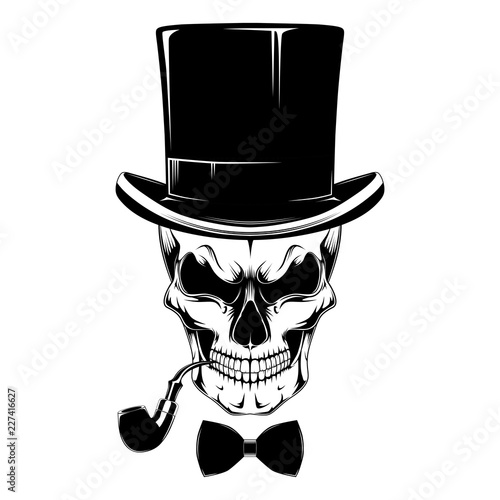 Skull in a hat-cylinder with a pipe and bow-tie.