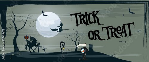 Trick or treat banner design with pumpkin riding horse on graveyard. Lettering can be used for invitations, signs, announcements