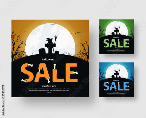 Square web banner design for social networks for a Halloween sale with a graveyard and text from the bones.