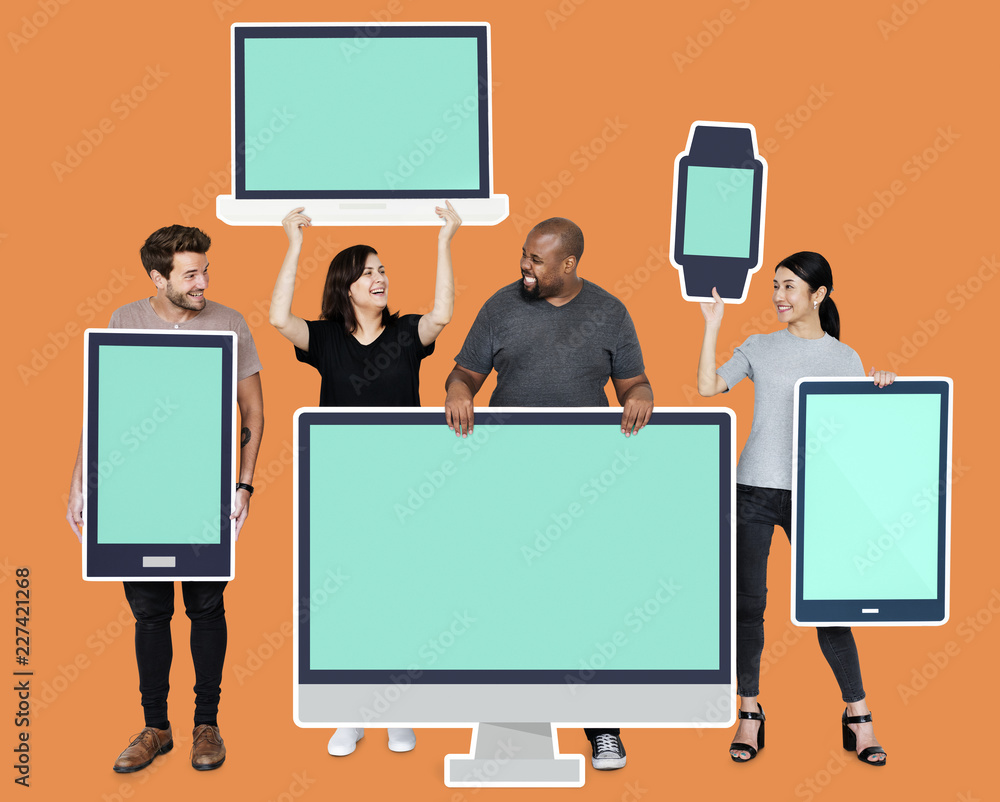 Diverse people with various digital device mockups Diverse people with various digital device mockups