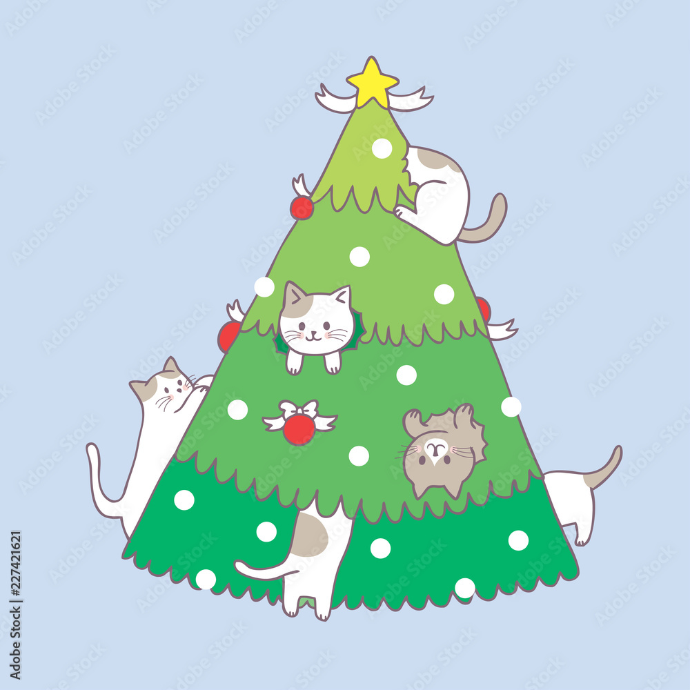 Cartoon cute Christmas cat and Christmas tree vector. Stock Vector | Adobe  Stock