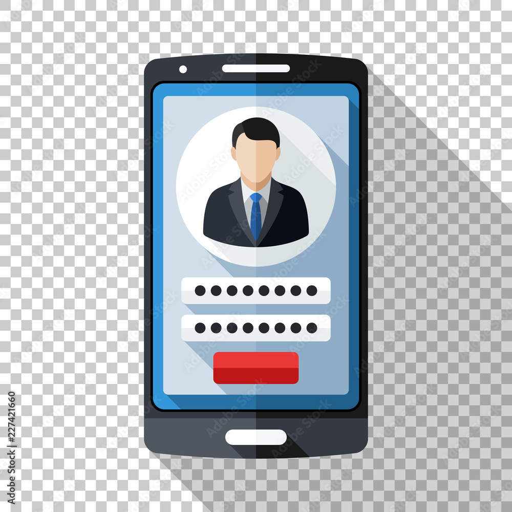 Smartphone icon in flat style with user login form on the screen and long shadow on transparent background Smartphone icon in flat style with user login form on the screen and long shadow on transparent background