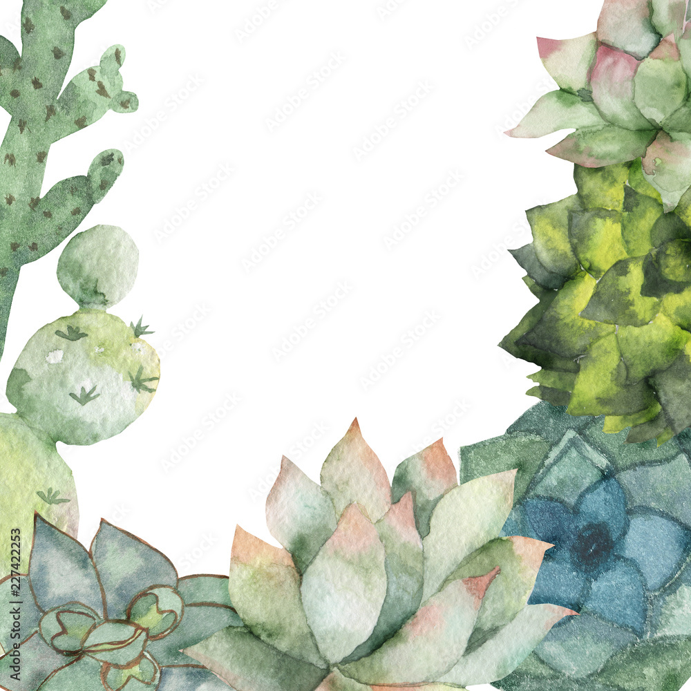 Fototapeta premium Watercolor frame of colorful cacti and succulents.