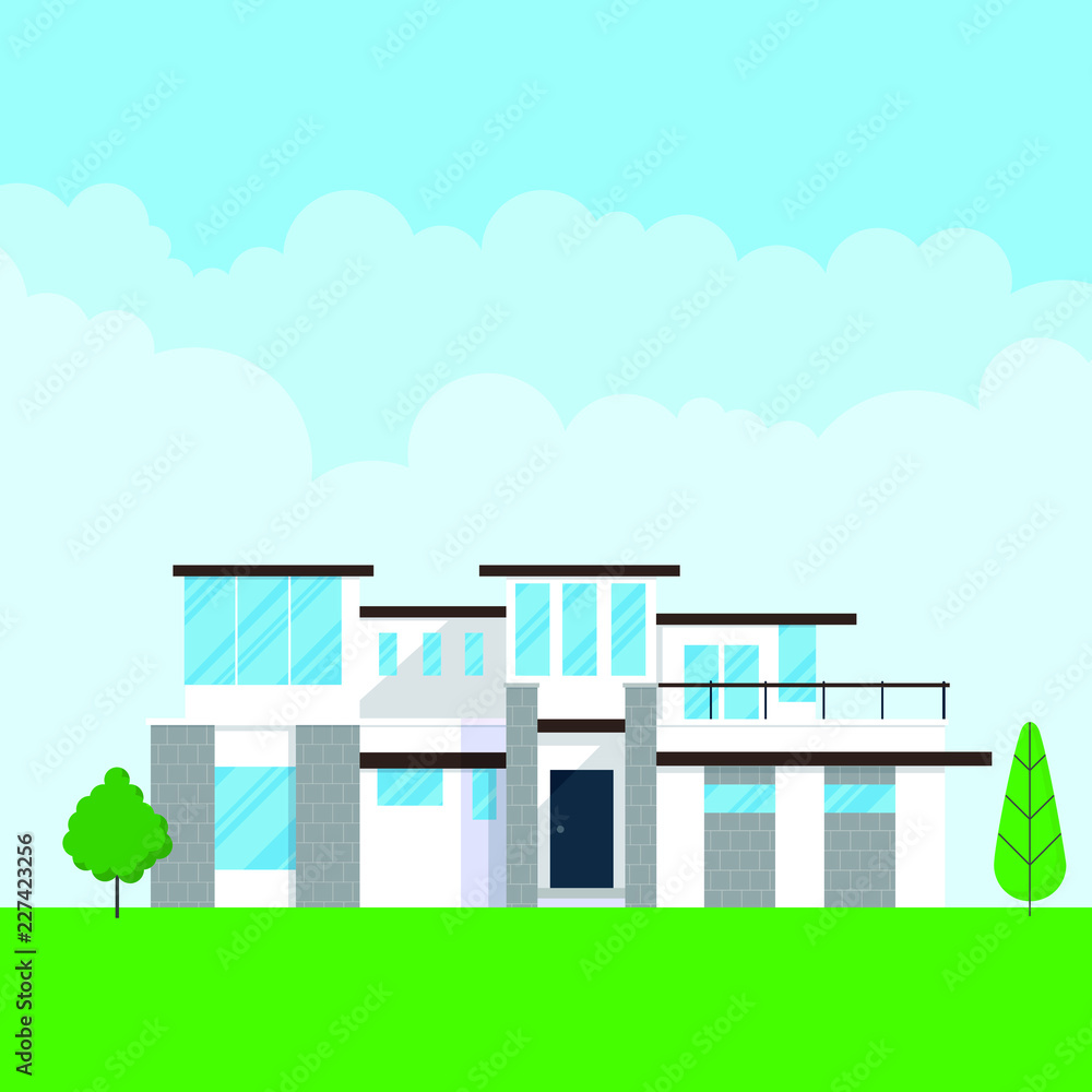 Fototapeta premium Modern house exterior flat style design vector illustration with roof, windows and shadows. Classic townhouse apartments. Fasade, green grass and trees. Cloudy sky.