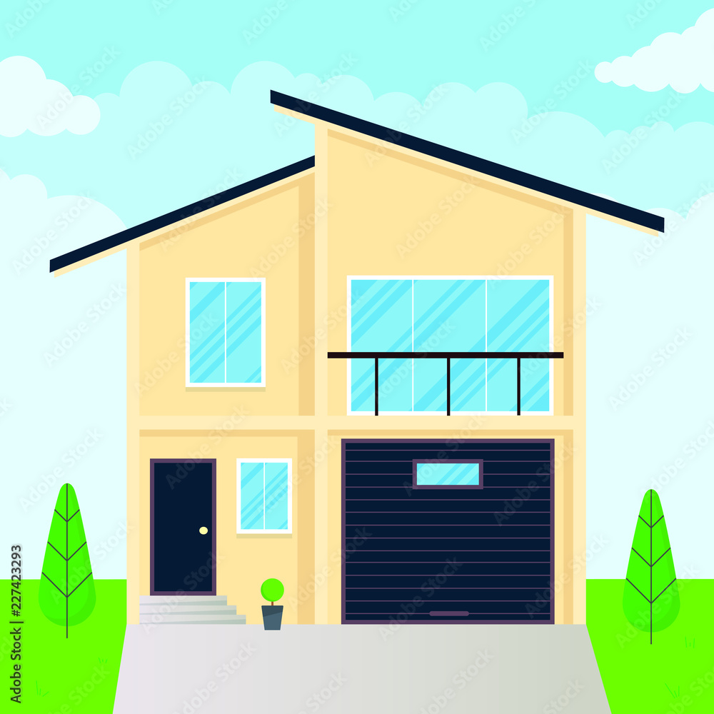 Modern house exterior flat style design vector illustration with roof, windows and shadows. Classic townhouse apartments. Fasade, green grass and trees. Cloudy sky. Modern house exterior flat style design vector illustration with roof, windows and shadows. Classic townhouse apartments. Fasade, green grass and trees. Cloudy sky.
