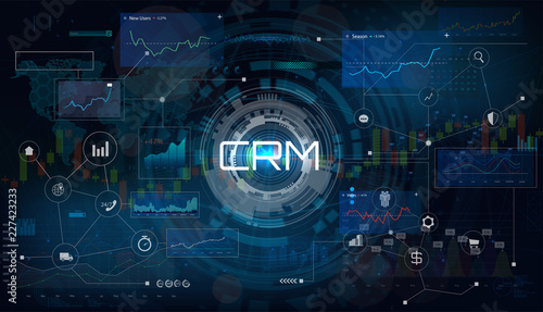 CRM - Customer relationship management. Customer relationship management concept. Vector illustration in futuristic style. Business strategy CRM