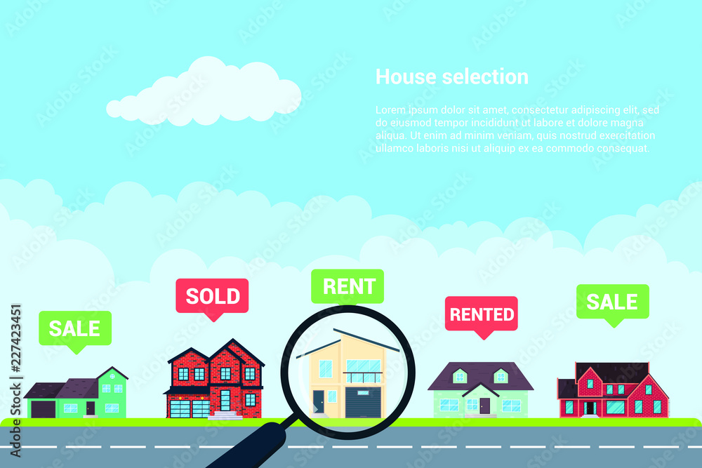 House selection infographic flat style design vector illustration. City infographic with grass, road and houses. Many places to live. Recomendation for selection. Real estate banner concept.