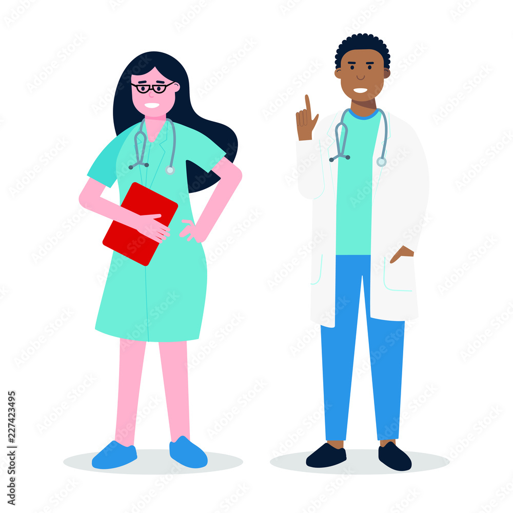Doctor and nurse standing and hold clipboard flat style vector illustration isolated on white background. Medical center hospital employees.