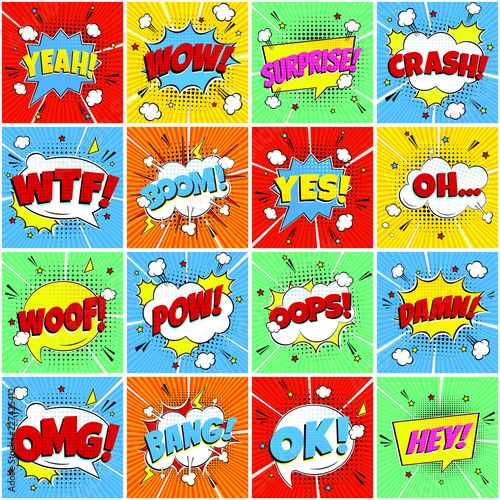 Colorful comic speech bubbles seamless pattern with phrases: OMG!, POW!, BANG!, OOPS!, WOW!, SURPRISE!, HEY! BOOM! etc. flat style design vector illustration isolated on color rays background.