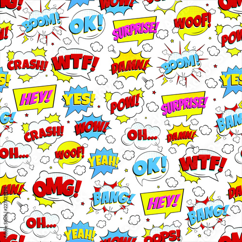 Colorful comic speech bubbles seamless pattern with phrases: OMG!, POW!, BANG!, OOPS!, WOW!, SURPRISE!, BOOM! etc. Flat style design vector illustration isolated on white background. Chaotic version.