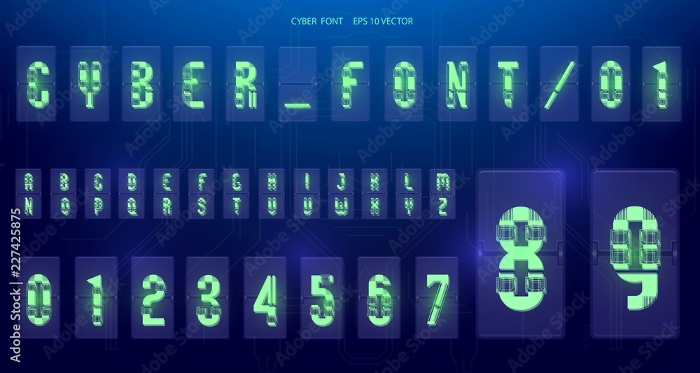 Futuristic Font design. Letters and Numbers for web and app. Techno font alphabet. Digital hi-tech symbols for HUD interface and cyberspace. Set of numbers and symbols for lamp o'clock