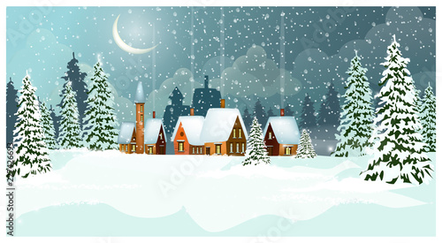 Snowy winter landscape with cottages and fir-trees vector illustration. Night country scene. Christmas or New Year concept. For websites, wallpapers, posters or banners