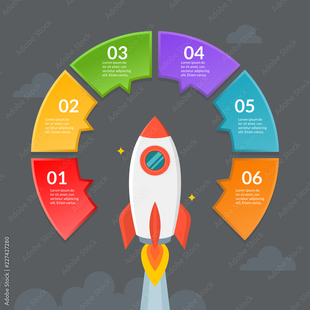 Infographic template of step or workflow diagram with rocket suitable ...