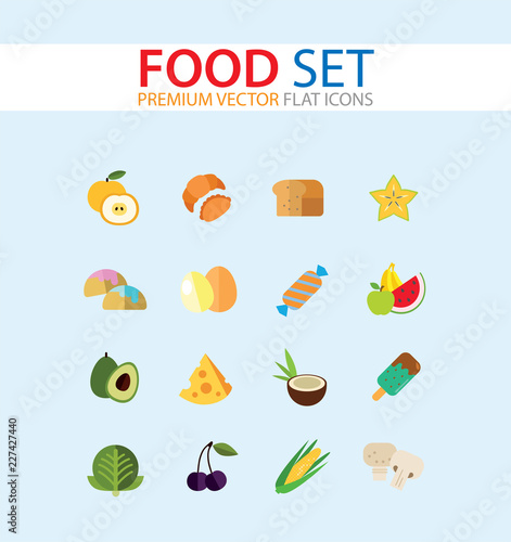 Food icon set. Broccoli, fruit, doughnut, cheese, cappuccino. Eating concept. Can be used for topics like cafe, menu, food store