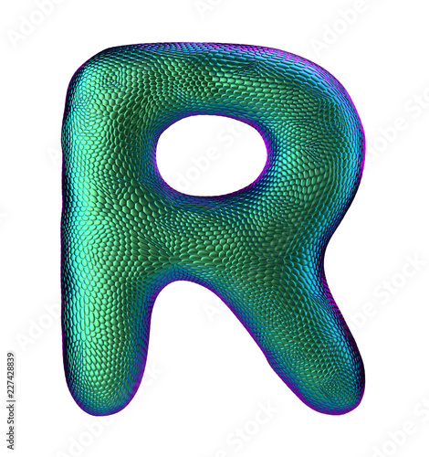 Letter R made of natural green snake skin texture isolated on white. photo