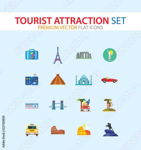 Tourist attraction icons set. Thirteen vector icons of Eiffel Tower, Big Ben, Pyramids and other tourist attractions