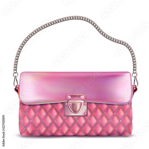 Stylish women's pink handbag with chain handle.