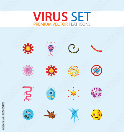 Virus icons set. Thirteen vector icons of influenza virus, coronavirus, adenovirus and other bacteria