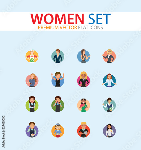 Women vector icon set. Doctor, excited, drinking, in glasses, Indian. Characters concept. Can be used for topics like occupation, race, activity, look, emotion