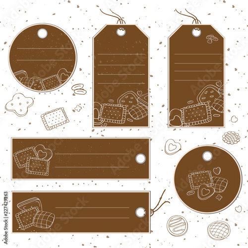  Labels with cookies. White outline on brown background