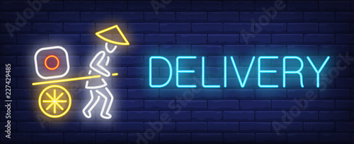 Delivery neon sign. Japanese carrying sushi roll on cart. Night bright advertisement. Vector illustration in neon style for food delivery, service, restaurant