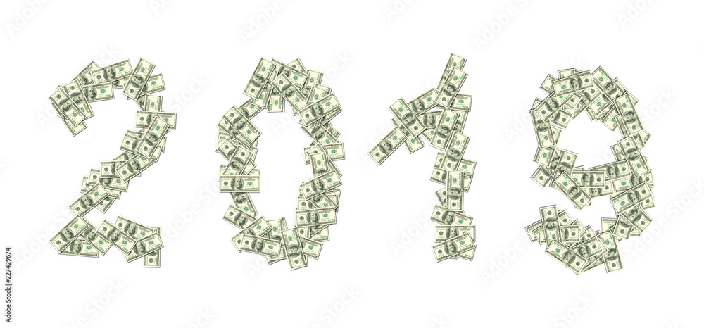 2019 written with 100 dollars bankntes isolated on white background 2019 written with 100 dollars bankntes isolated on white background