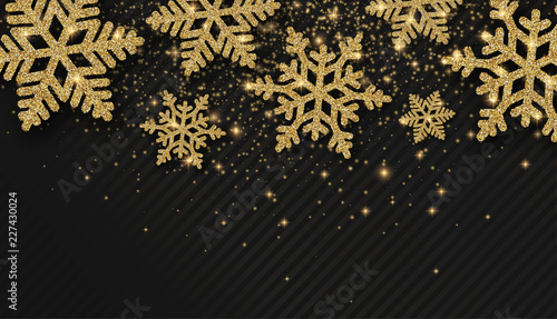 Christmas, New Year, winter background with beautiful golden snowflakes.