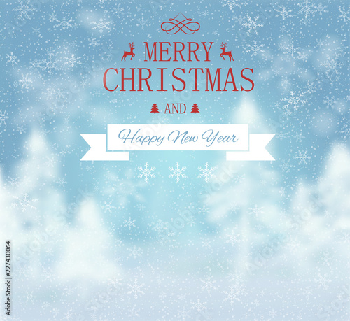 Merry Christmas and Happy New Year blurred background with snow.