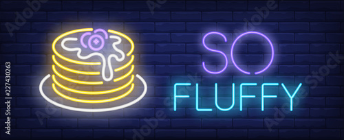 So fluffy neon sign. Pancakes pile with blueberry jam. Breakfast, dessert, menu. Night bright advertisement. Vector illustration in neon style for restaurant, cafe, food