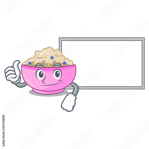 Thumbs up with board character a bowl of oatmeal porridge photo