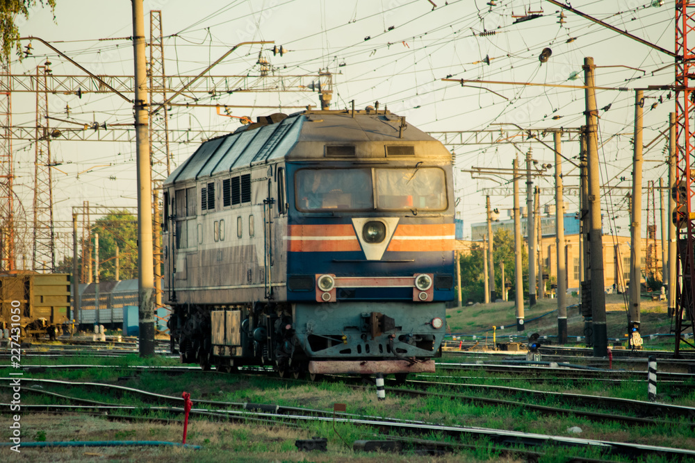 Locomotive on rails. Old russian train