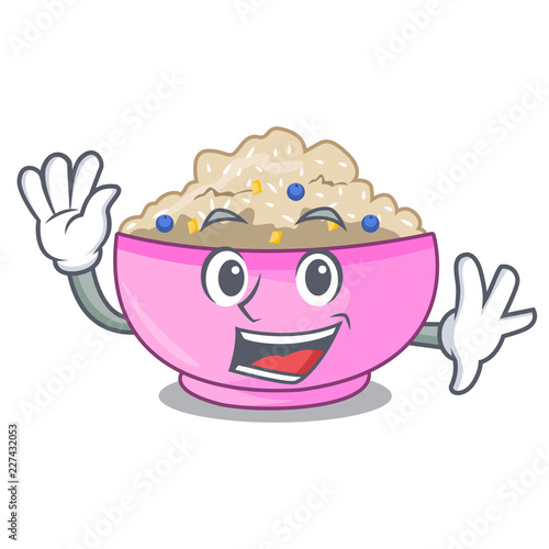 Waving traditional porridge rice in bowl cartoon