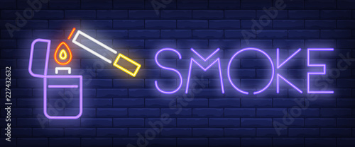 Smoke neon sign. Lighter lighting up cigarette on brick wall background. Vector illustration in neon style for harmful habit and addiction