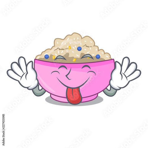 Tongue out cooked whole porridge oats in cartoon pan