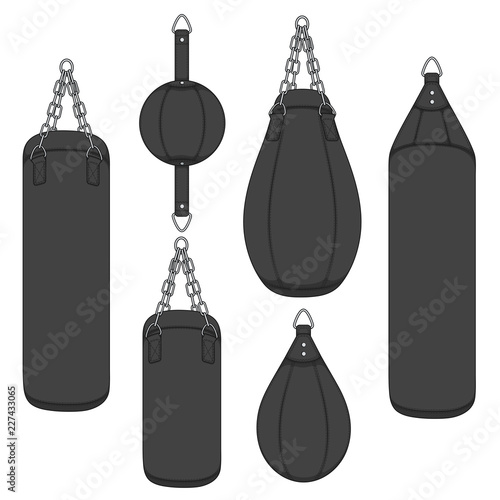 Set of color illustrations with a black punching bag, boxing pears. Isolated vector objects on white background.