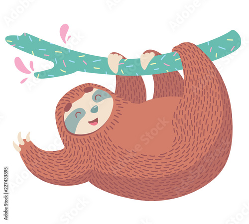 cute hand drawn cartoon vector sloth with wreath of tropical leaves and flower. colorful animal illustration