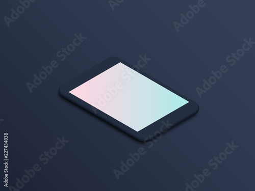Isometric realistic tablet vector clay mockup with blank screen on dark background. Minimal isometric user interface pad tablet UI concept.