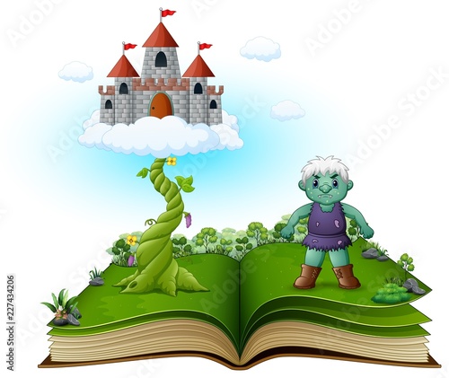 Story book with magic beanstalk, castle in the clouds and the green giant